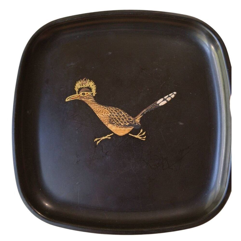 COUROC  tray Monterey CA Mid Century ROADRUNNER Inlaid Black Lacquer w/label 8 3